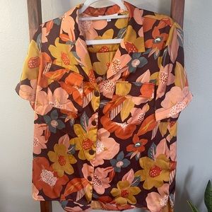 Fun Floral 70s-Themed Button Down Short Sleeve Shirt